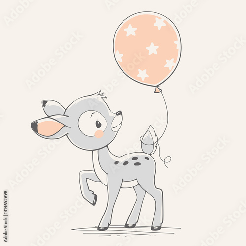 Fotografia Vector hand drawn illustration of a cute baby deer with a balloon