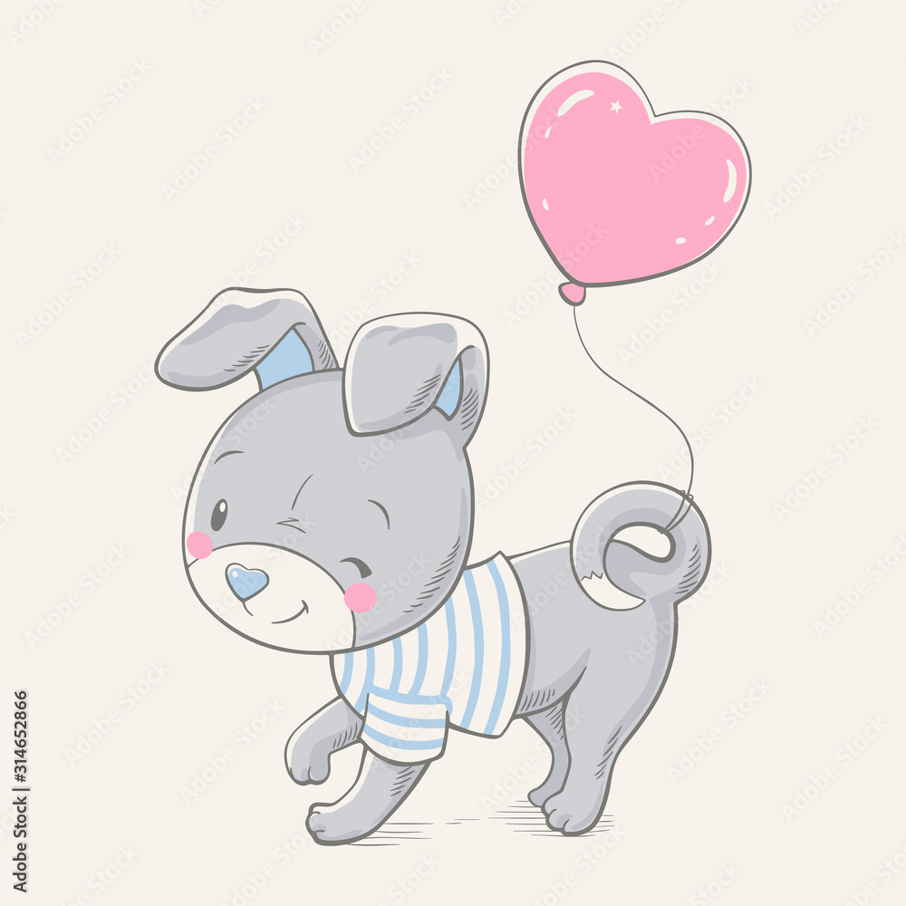 Fototapeta premium Vector hand drawn illustration of a cute gray puppy with pink balloon.