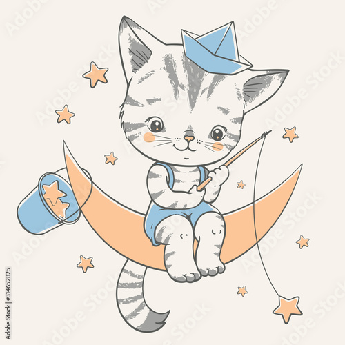 Vector illustration of a cute kitten, sitting on the moon and catching stars.