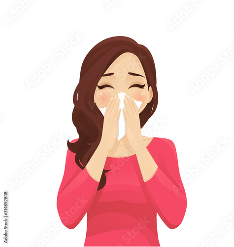 Sad beautiful woman blowing nose into tissue, sneezing. Isolated vector illustration.