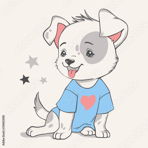 Vector illustration of a cute puppy in a blue t-shirt.