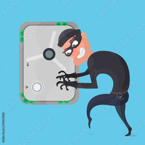A thief steals money from a safe. Robber isolated on a blue background. The concept of robbery and security. Vector illustration.