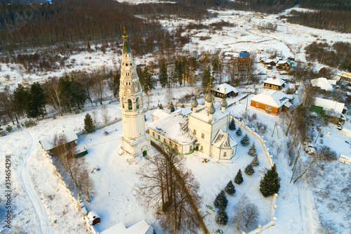 View of the old Transfiguration Cathedral in January day (shooting from a quadrocopter). Sudislavl. Kostroma region, Russia