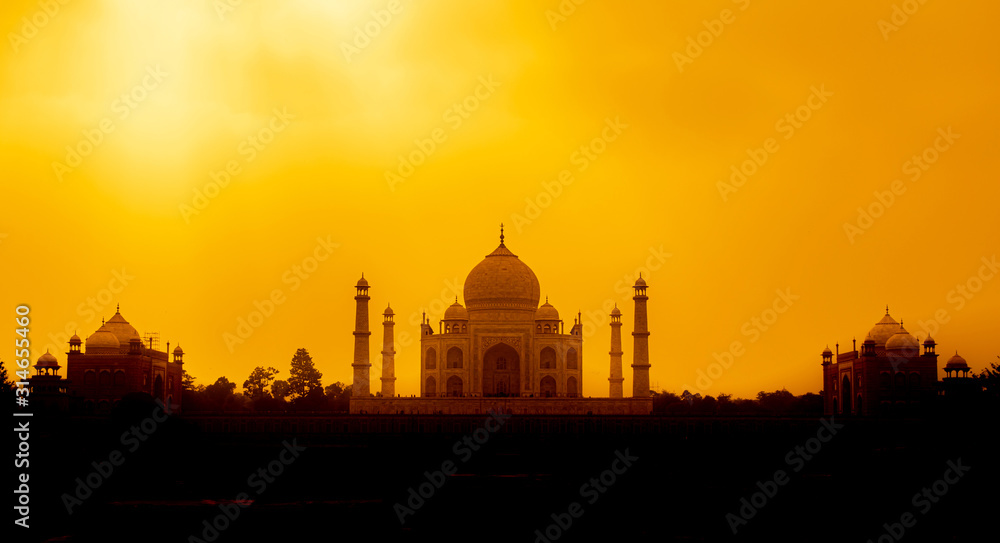 Silhouette Taj mahal on the morning in India.