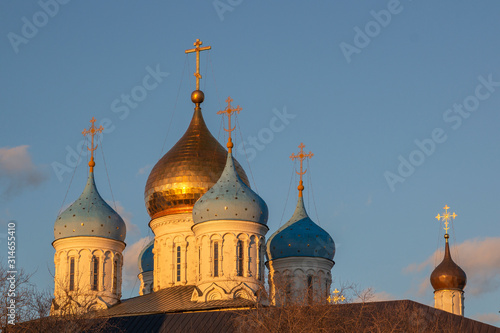 Novospassky convent. Blue and golden church domes. Moscow, Russia.