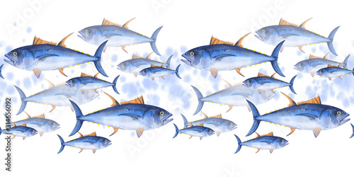 Seamless border pattern of school of  bluefin tuna. Watercolor illustration fishes on white background