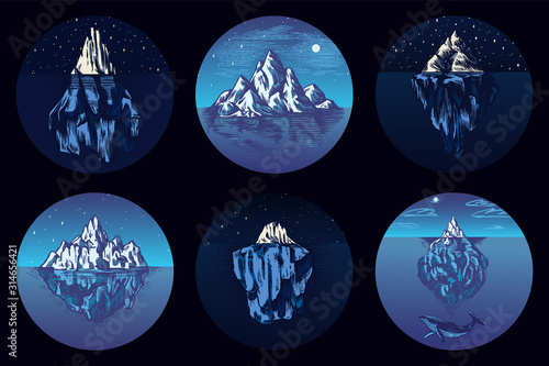Iceberg in the ocean. Set of stickers. A large piece of a mountain glacier floating in northern water. Engraved hand drawn vintage sketch for emblem, web logo, banner or t-shirt. Isolated illustration