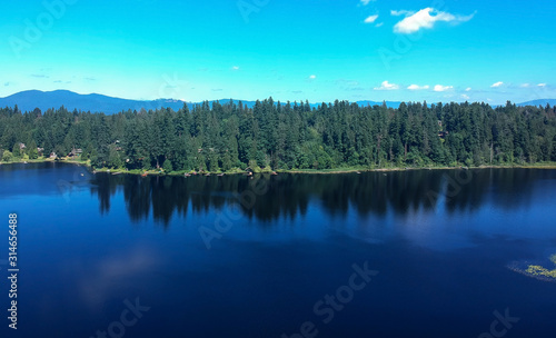 Photogenic Spring Lake on a bright clear day in summertime with trees reflecting in the water a blue sky and white clouds with lily pads dockside in Renton King County Washington State