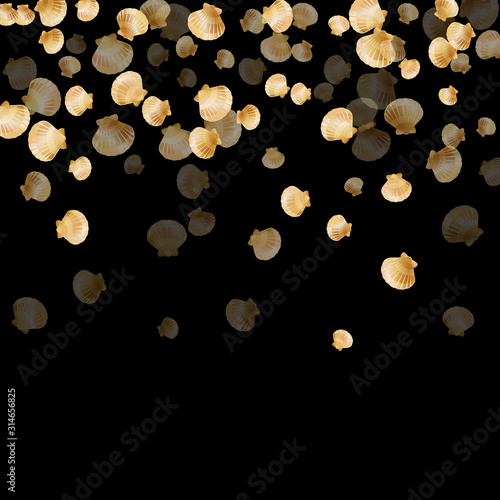 Gold seashells isolated, pearl bivalved mollusks