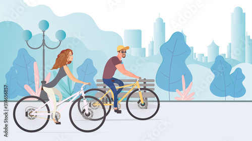 The guy and the girl on a bicycle ride in the park. The concept of recreation and sports. Vector illustration.