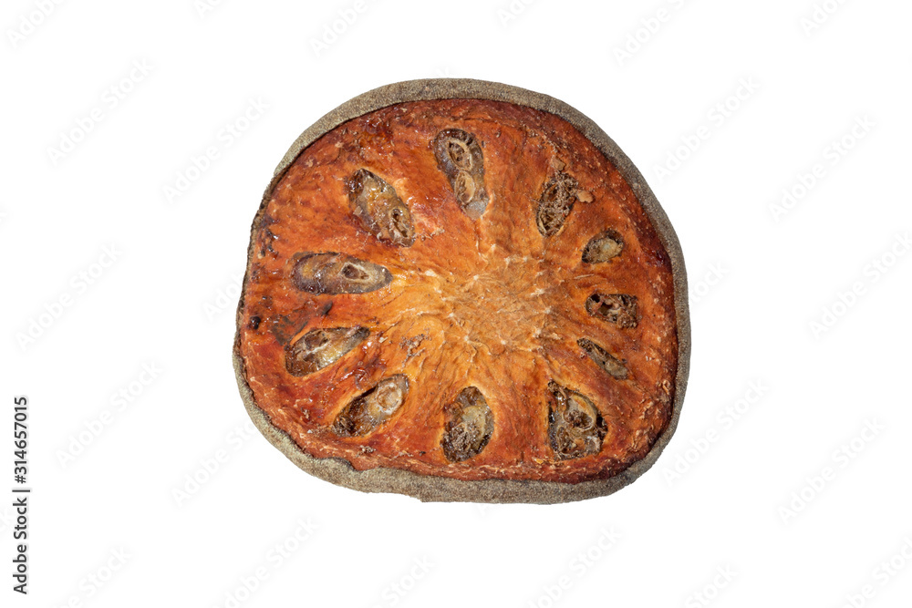 Bale fruit One piece. Dried bale fruit tea an isolated on white background. No people.