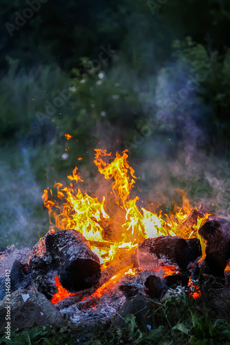 Bonfire at a camp in summer evening outdoors