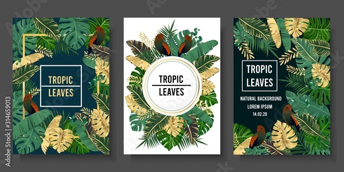 Design bannen with Green and gold tropicl leaves on dark  background, Premium card design, Luxury exotic botanical design, Wedding card, Products, Beauty, hawaiian, Tropic card.