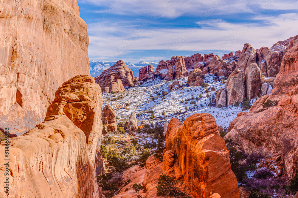 Panoramic picture of natural and geological wonders of Arches national park in Utah in winter