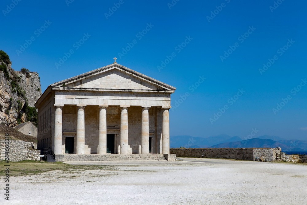 Ancient alike greek temple at Corfu island in Greece. Old Greek Bastion - corfu acropolis at day time.