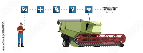 5G network for control autonomous agriculture machines. Smart farming 4.0. Vector illustration