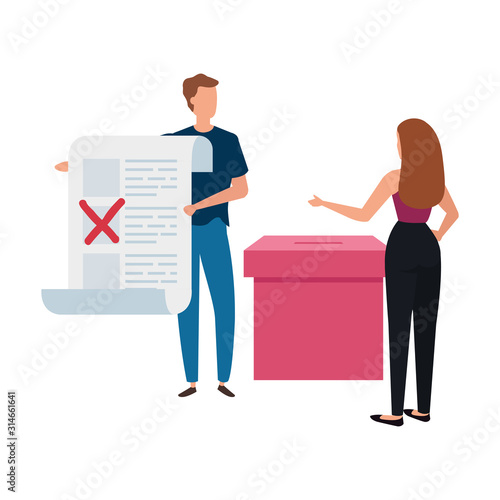 business couple with ballot box isolated icon vector illustration design