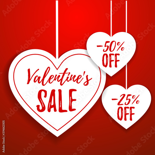 Valentine's day sale offer, banner template. Red heart with lettering, isolated on red background. Valentines Heart sale tags. Shop market poster design. Vector