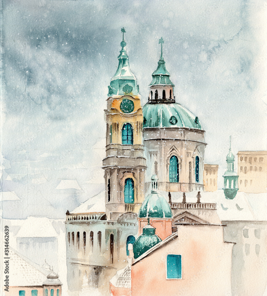   Watercolor picture depicting  St. Nicholas Church in Prague  in winter with falling snow