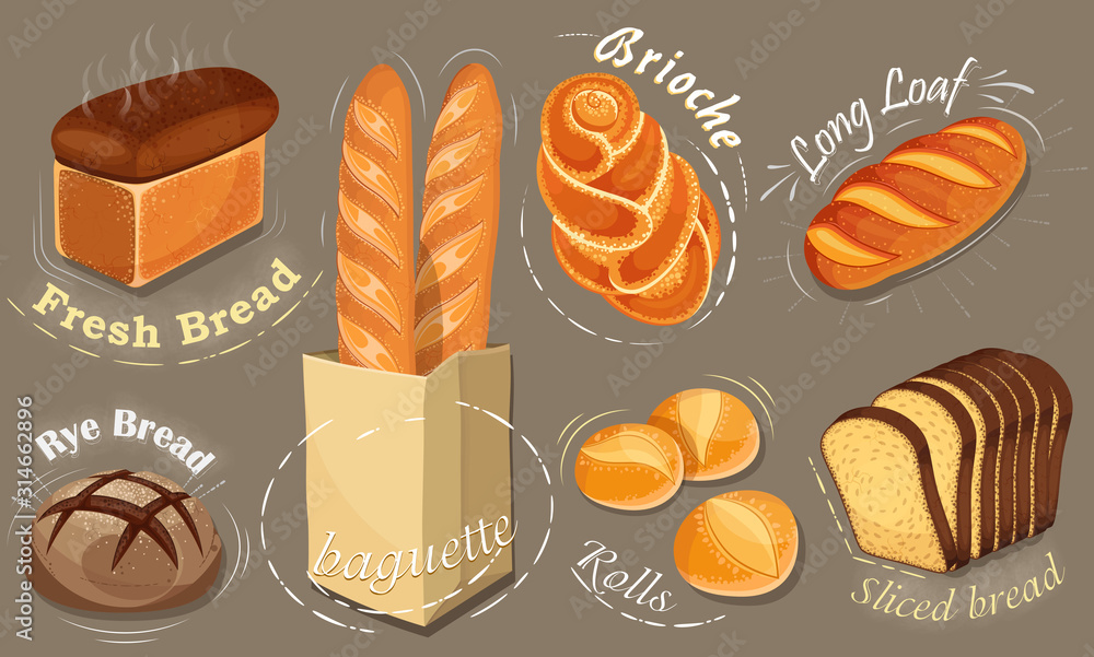 Vector bread icons set. Long loaf, rye bread, baguette, rolls, brioche.