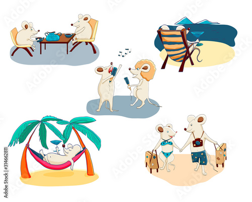 Vector set of funny rats. Cartoon animal characters. Mice travel  sunbathe on the beach  sing karaoke  drinks a cocktail on the beach  drink tea.