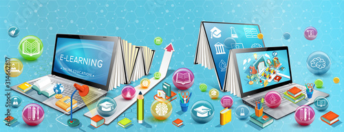 Two laptops like books. The concept of learning. Online education. Vector Illustration