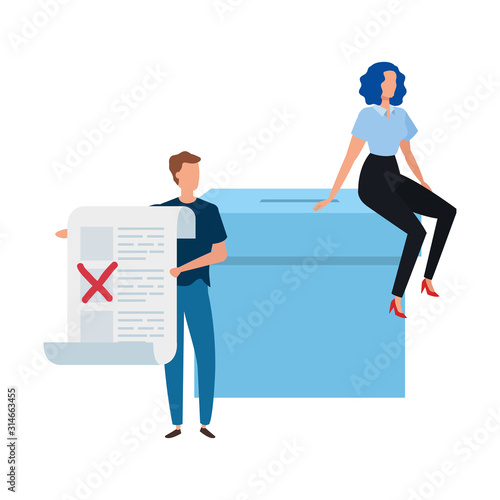 business couple with ballot box isolated icon vector illustration design