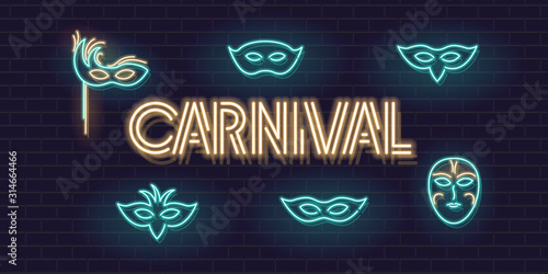 Neon carnival typography with masks icon set. Glowing isolated vector icons on brick wall background with fluorescent text for carnival poster, banner, advertisement, logo.
