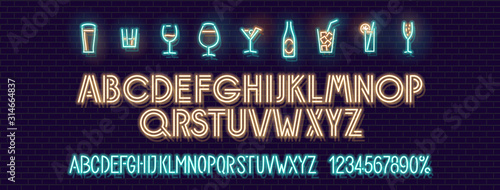 Neon cocktails and beer set with fluorescent alphabet. Isolated vector glowing letters and icons of brick wall background for menu, banner, advertisement.
