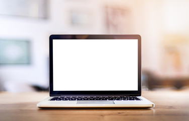 Computer mockup white background on table. Laptop with blank screen.