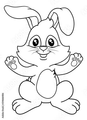 Easter bunny rabbit cartoon character in black and white outline.