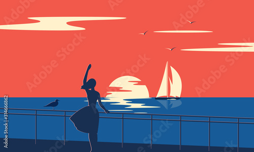 Evening seascape with sailboat. Girl by the sea at sunset.