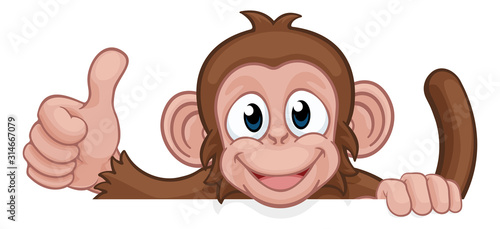 A monkey cartoon character animal peeking over a sign and giving a thumbs up