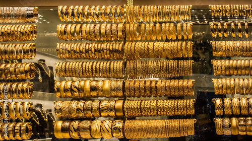 Bild auf Leinwand Shop display of dozens of golden bracelets