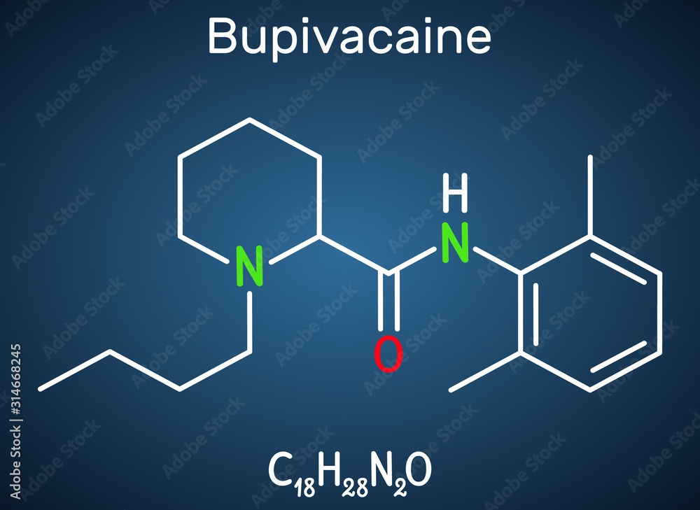 Bupivacaine molecule, is an amide-type, long-acting local anesthetic. Structural chemical formula on the dark blue background