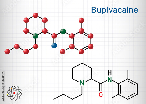 Bupivacaine molecule, is an amide-type, long-acting local anesthetic. Structural chemical formula and molecule model. Sheet of paper in a cage