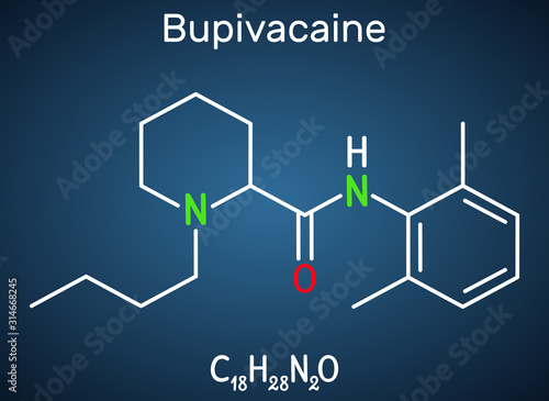 Bupivacaine molecule, is an amide-type, long-acting local anesthetic. Structural chemical formula on the dark blue background