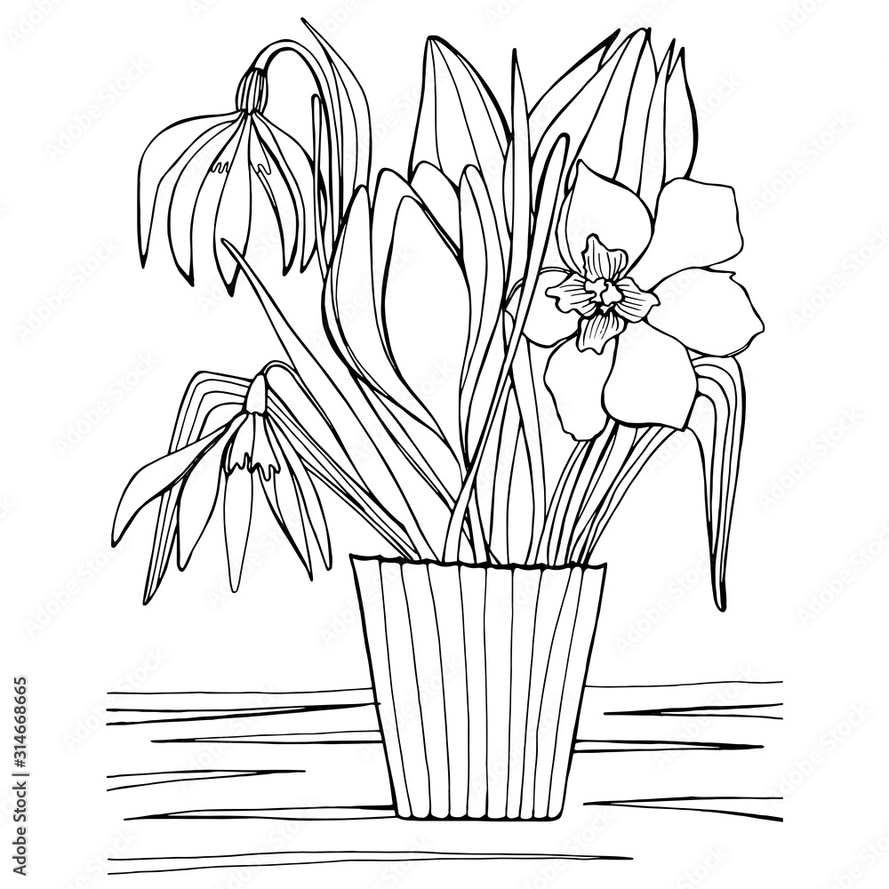 Hand drawing coloring book for children and adult mascara. Beautiful drawings with patterns and small details. Still life vase with wildflowers, spring garden flowers. A series of anti-stress pictures - obrazy, fototapety, plakaty 