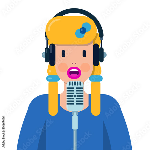 vector illustration with woman speaking into microphone and wearing headphones