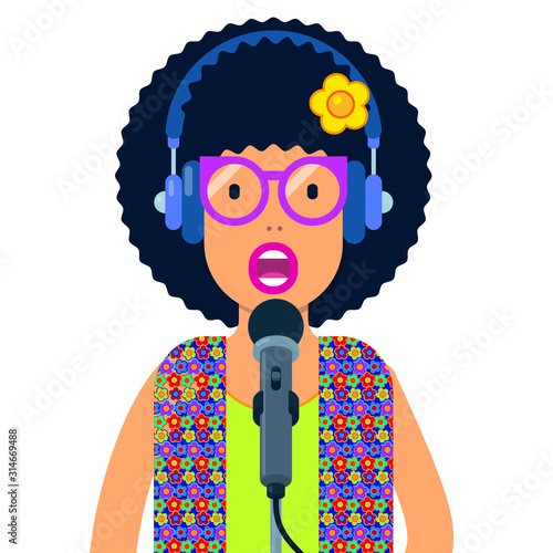 vector illustration with woman speaking into microphone and wearing headphones