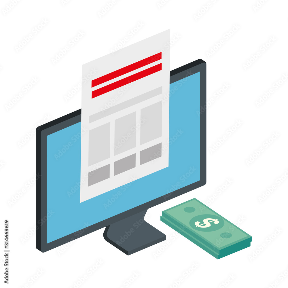 computer with bills pile and paper document vector illustration design computer with bills pile and paper document vector illustration design