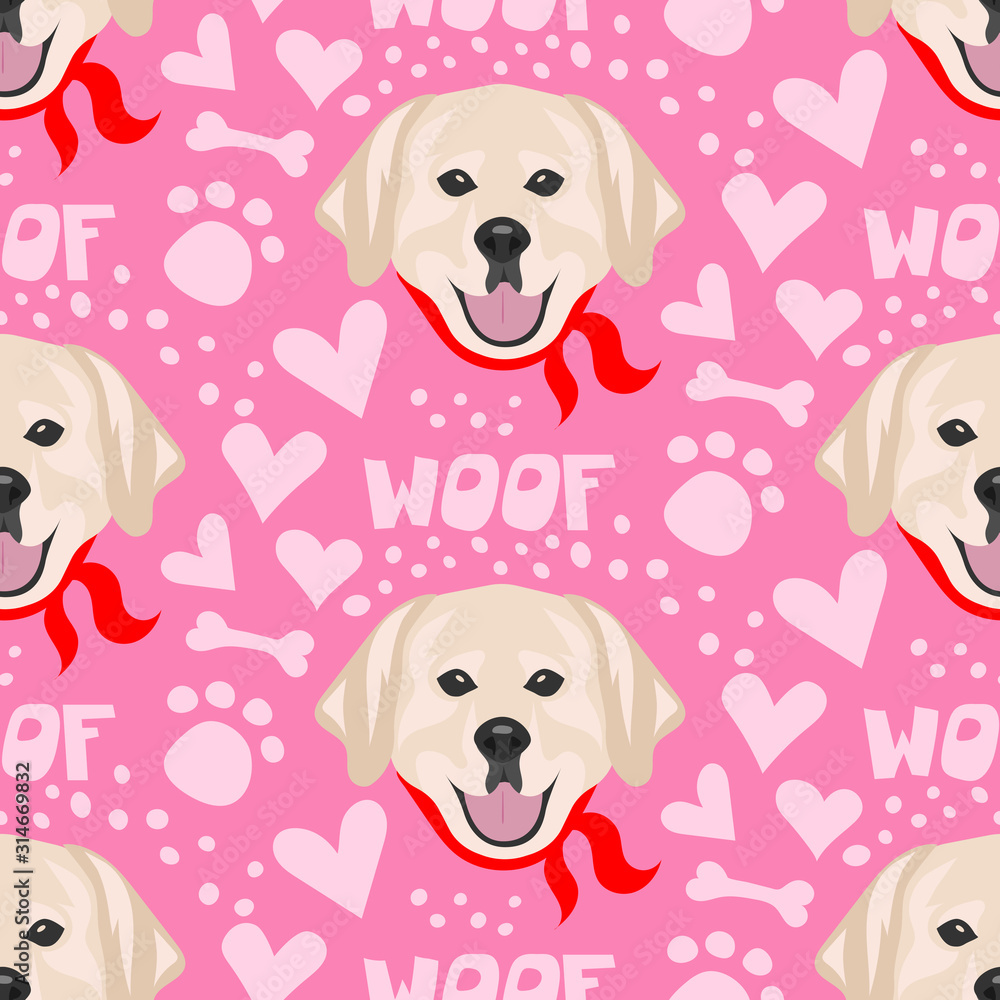 Seamless pattern for printing on fabric, paper and other surfaces. Cute faces of dogs. Flat vector illustration. Labrador.