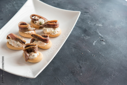 Marinera typical tapa Spanish, Bread with russian red photo