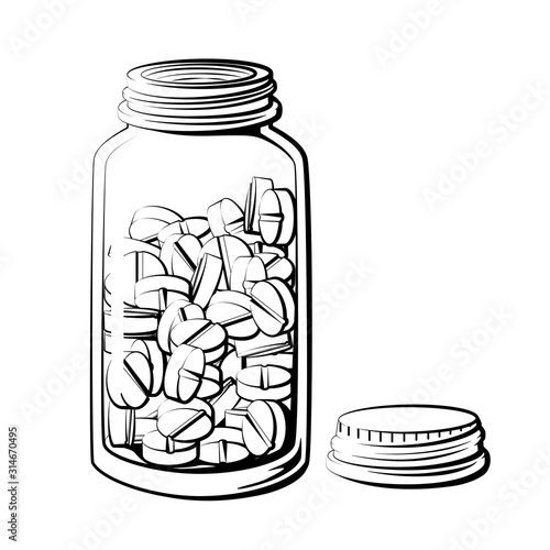 Tablet pill bottle vector illustration. A glass container full of disk-shaped tablets.