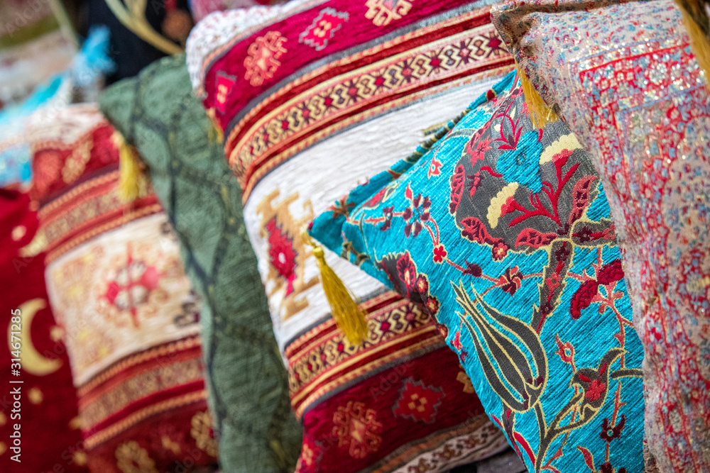 Colorful traditional pattern pillows at the Grand Bazaar in Istanbul