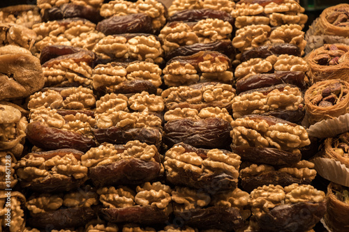 Pile of whole walnuts without nutshells in fig