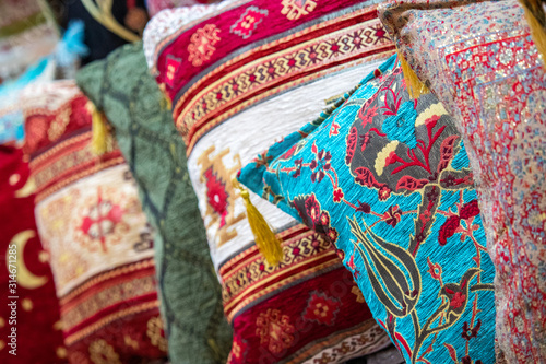 Colorful traditional pattern pillows at the Grand Bazaar in Istanbul