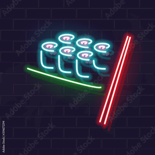 Neon sushi rolls icon signage on brick wall. Vector isolated images for dark background. Fluorescent illustration for menu, logo, poster. Square format for social network post.
