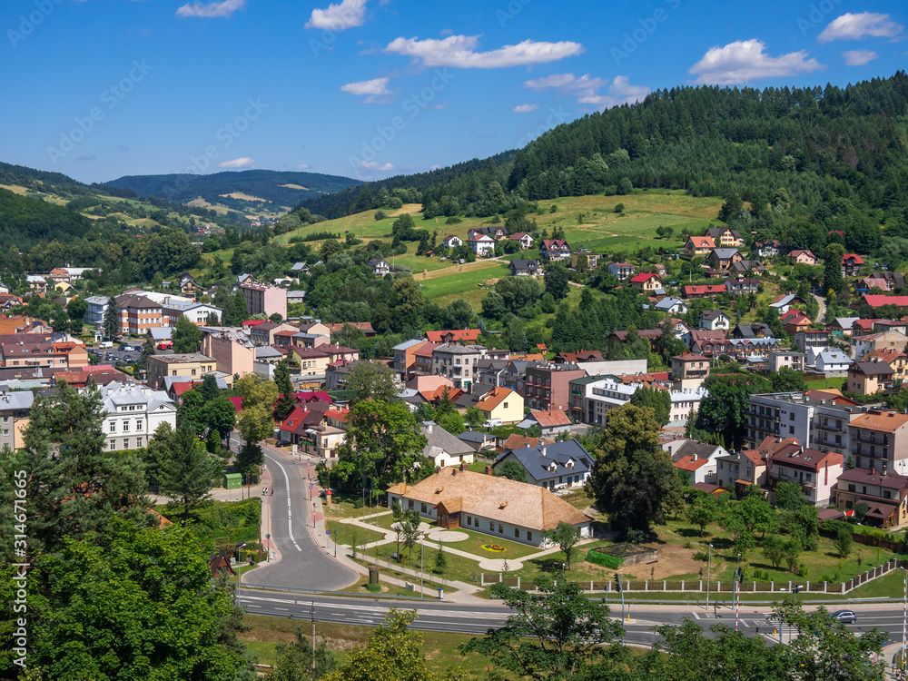 Spa town Muszyna in Lesser Poland Voivodeship in summer. View from ruins of castle on Baszta mountain.