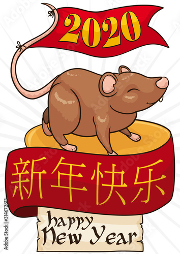 Happy Rat with Ribbon over Scroll Celebrating Chinese New Year, Vector Illustration